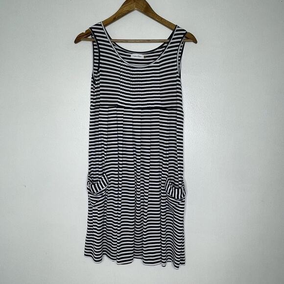 Calvin Klein Dresses & Skirts - Calvin Klein Dress Womens 8 Black White Striped Sleeveless Pocket Midi Nautical